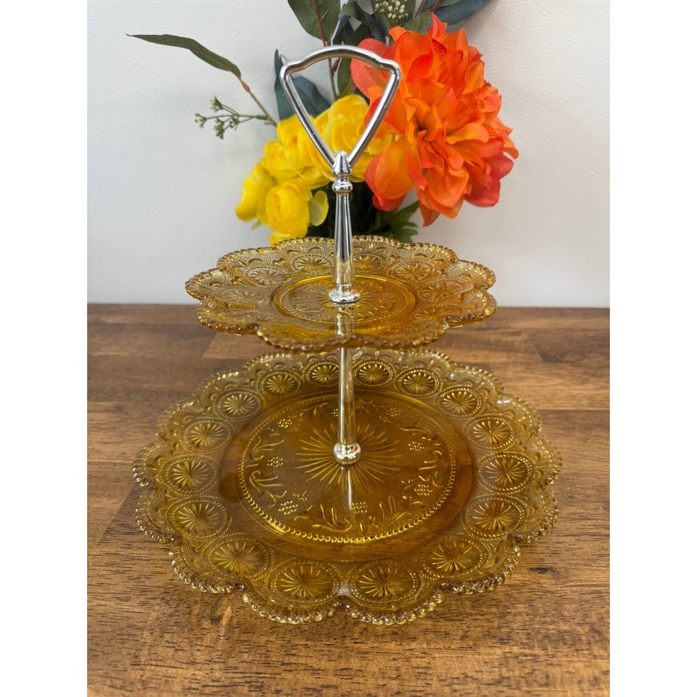 Vintage Brockway American Concord‎ Amber Glass 2 Tier Serving Serving Stand